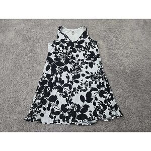 Anne Klein A-Line Dress Womens 10 White Black Leaf Print V-Neck Sleeveless Lined
